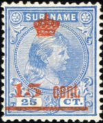 Suriname 1892 - serie Regina Guglielmina: 15 c su 25 c