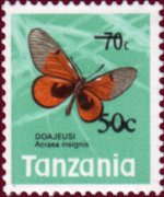 Tanzania 1973 - serie Farfalle: 50 c su 70 c